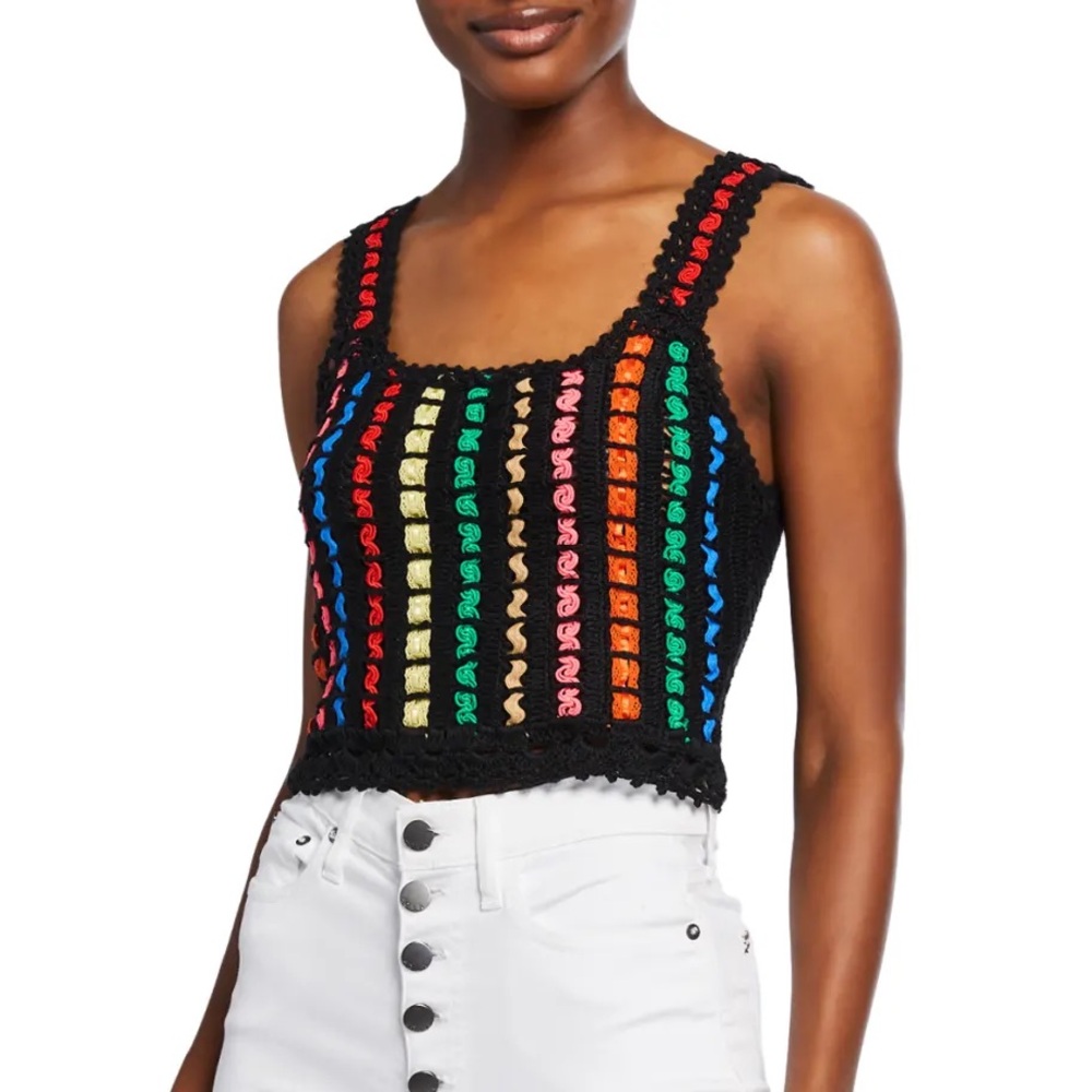 Alice + Olivia Lorri Cropped Crochet Tank Top with Ribbon Detail, Size XS